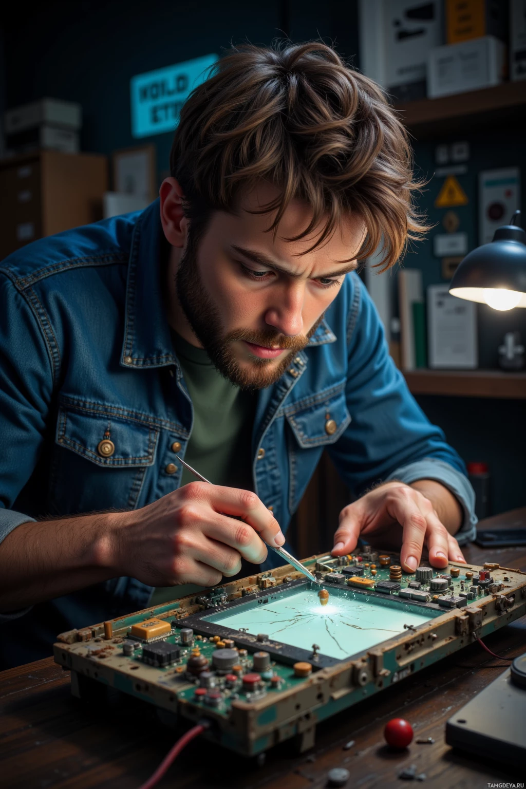 A person is carefully working on a circuit board with a soldering iron in a workshop setting.