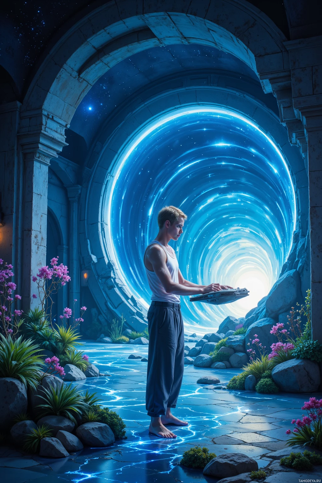 A person stands in a futuristic, glowing tunnel surrounded by ancient architecture and vibrant flora.