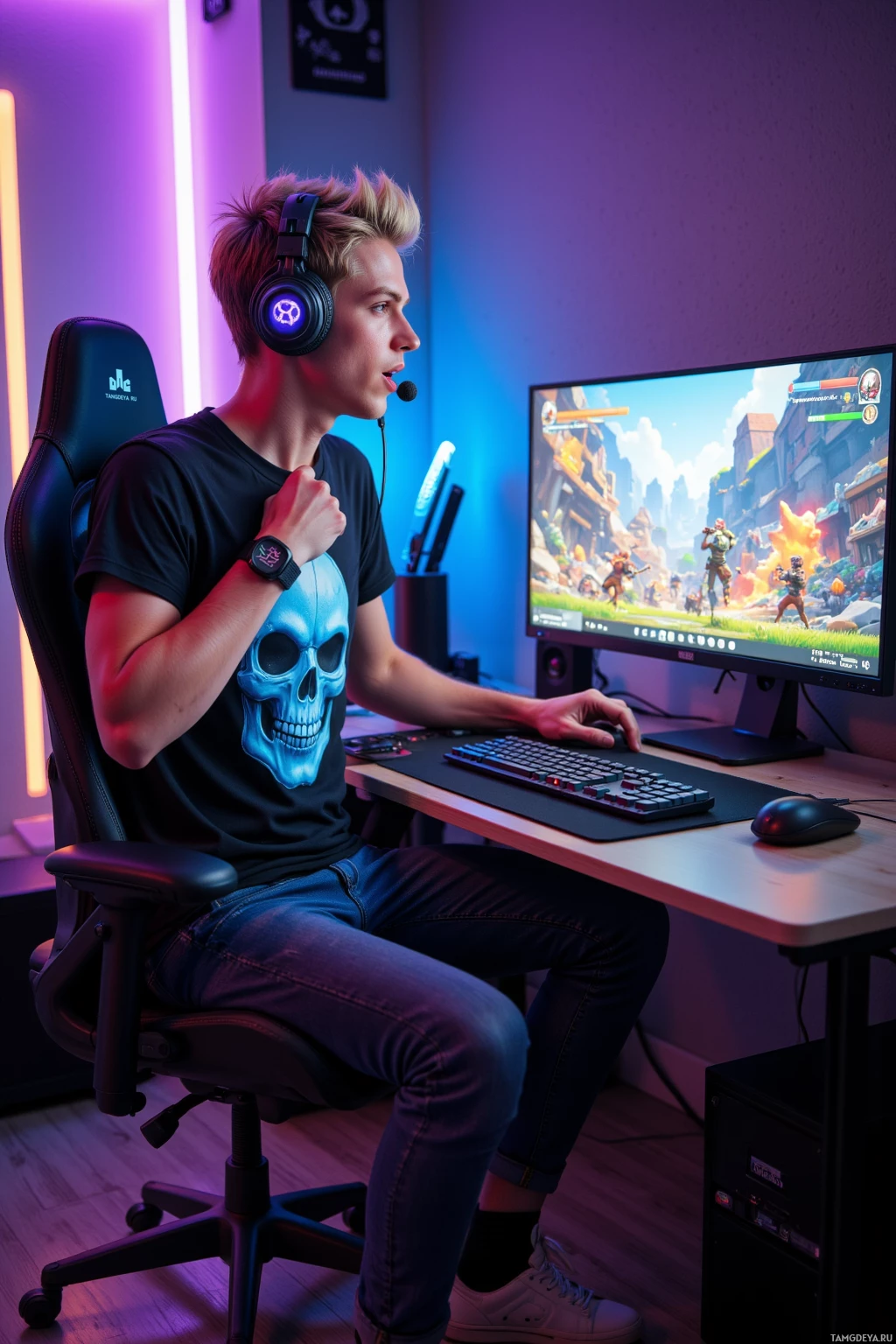 A person is sitting at a desk playing a video game on a computer.