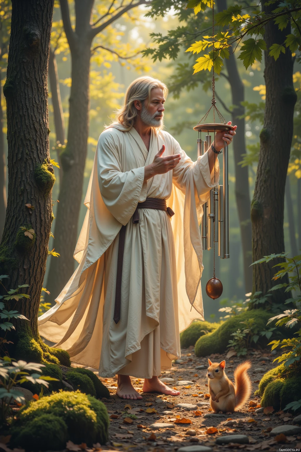 A person in a flowing robe stands in a serene forest, holding a wind chime, with a squirrel nearby.