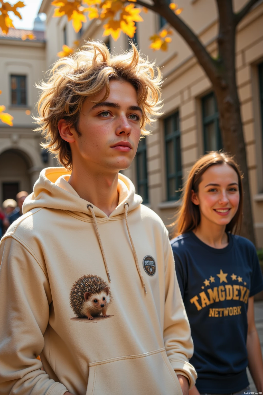 Two individuals stand outdoors, one wearing a hoodie with a hedgehog design.