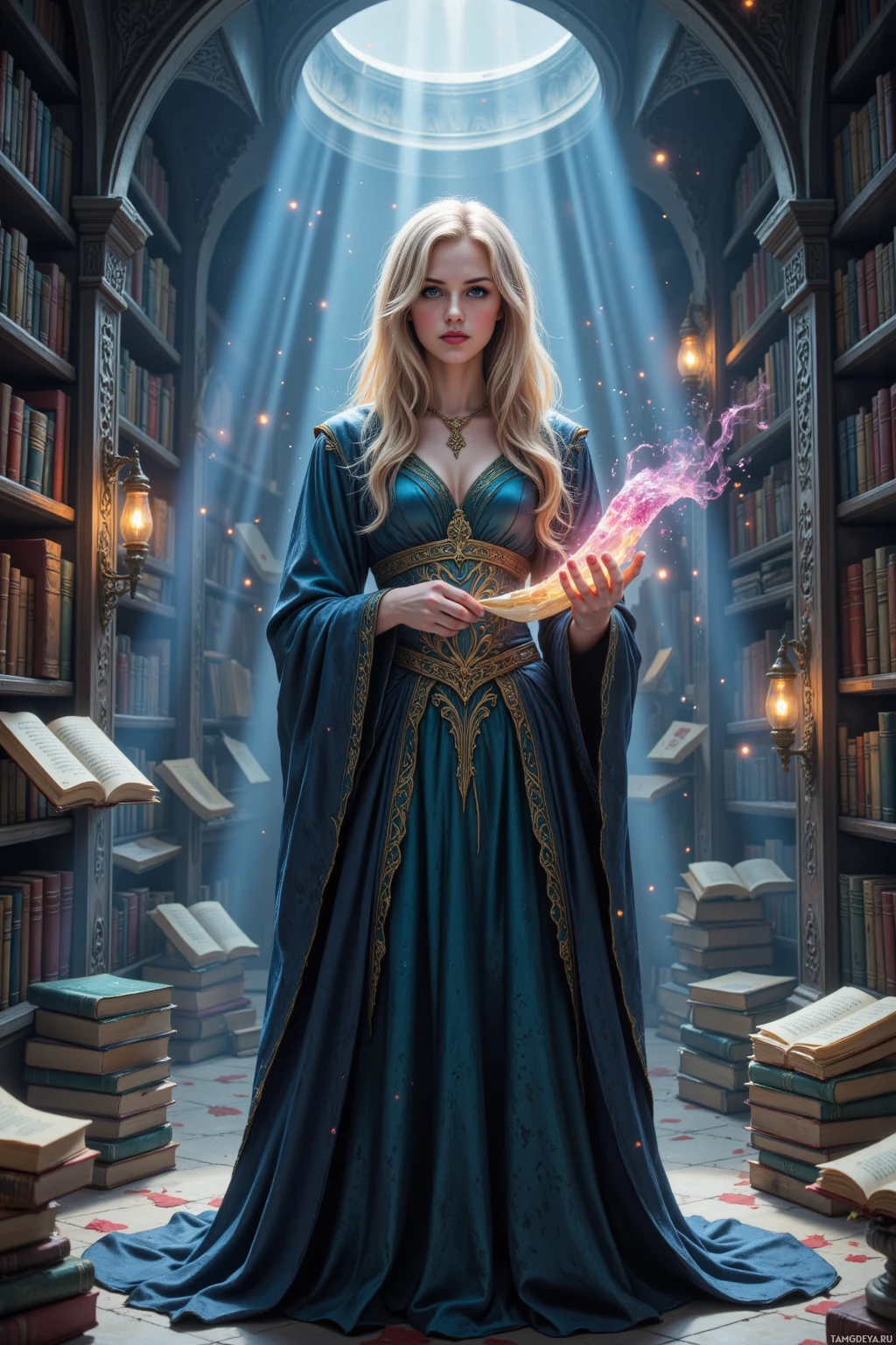 A woman in an ornate blue gown stands in a grand library with sunlight streaming through an arched window.