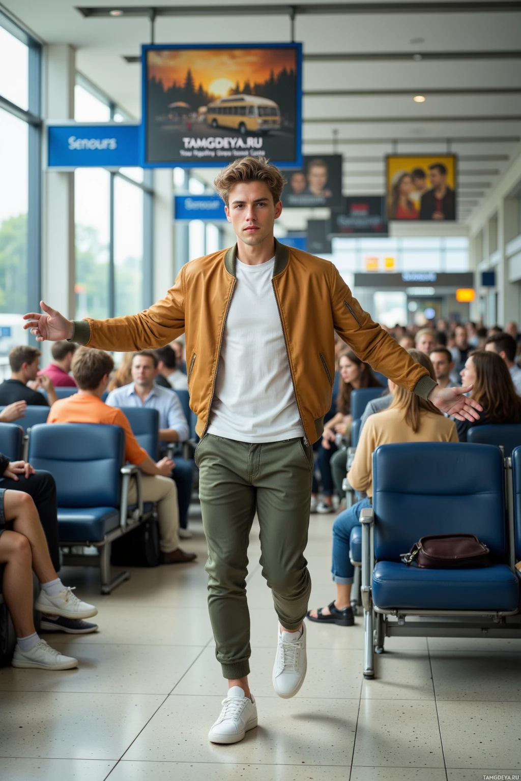 A man in a bomber jacket and casual pants stands in a busy terminal.