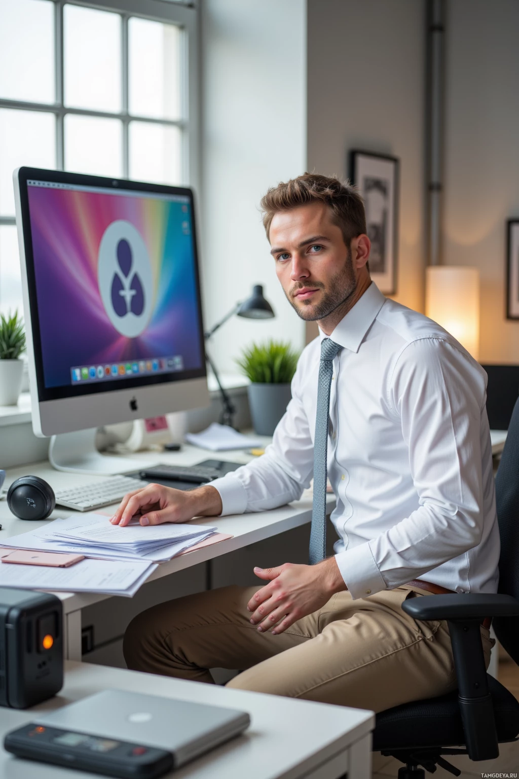 A man in a white shirt and tie sits at a desk in an office, with a computer and documents in front of him.