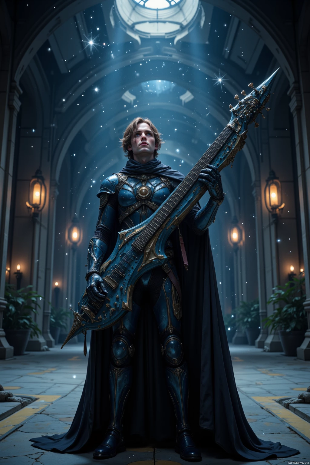 A figure in ornate armor holds a large, intricate guitar in a grand, starlit hallway.
