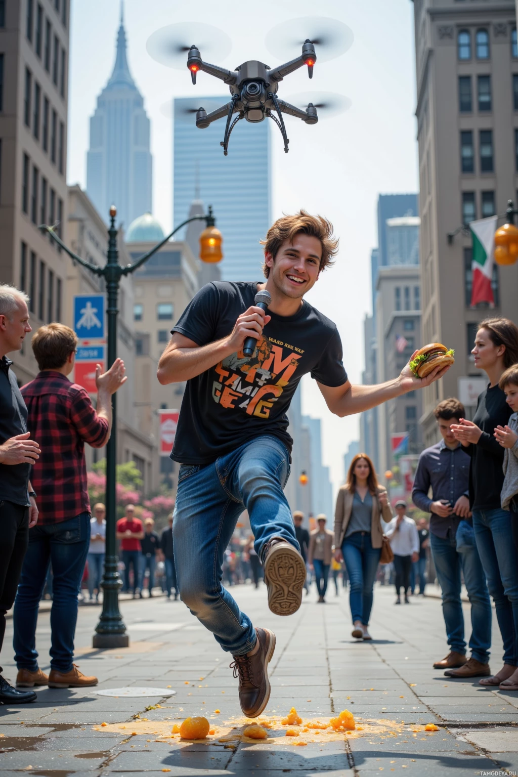 A man jumps in the air holding a microphone and a burger, with a crowd and buildings in the background.