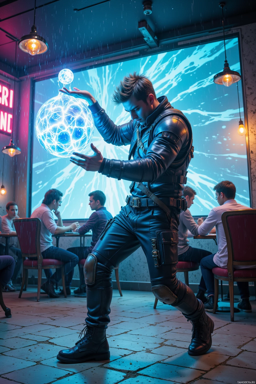 A person in a leather outfit holds a glowing sphere in a rainy café setting.