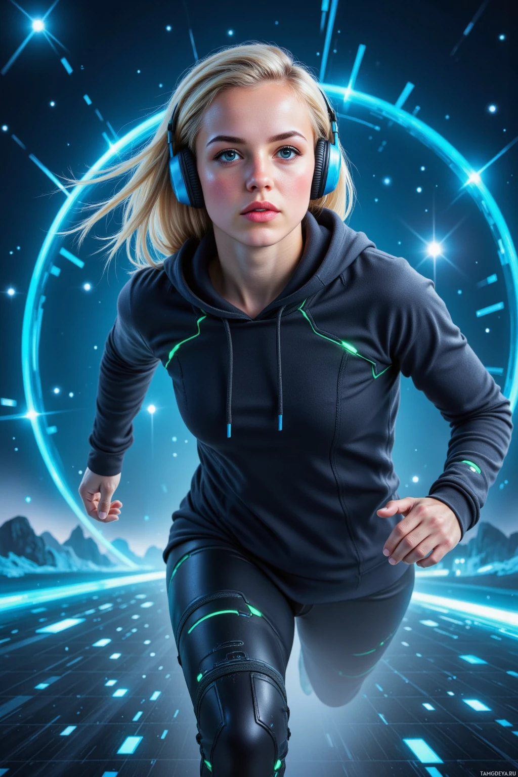 A woman in a futuristic setting wearing headphones and athletic gear.