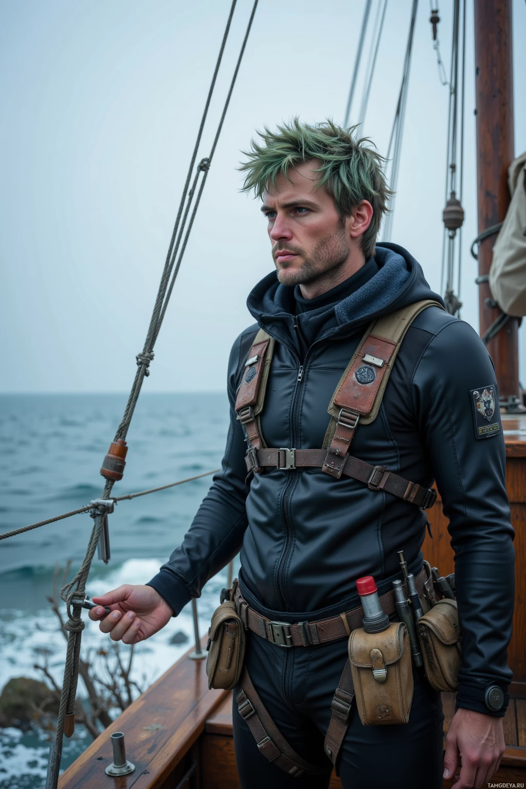 A man in a leather jacket and utility belt stands on a ship, gazing out over the ocean.