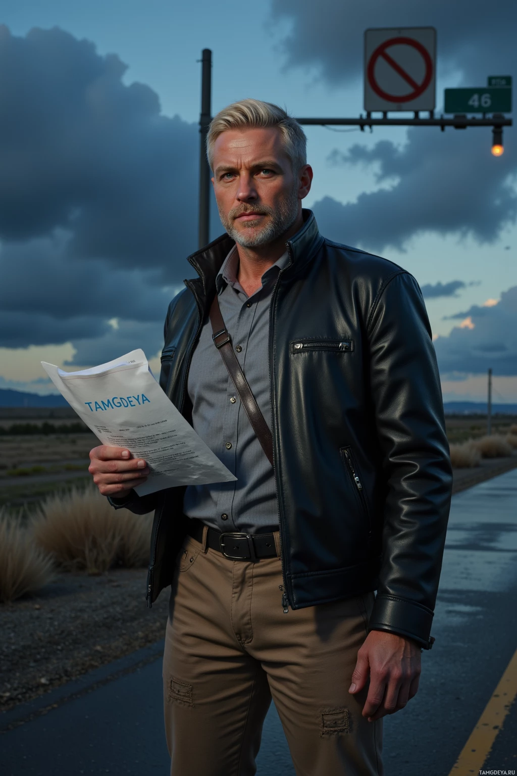 A man stands on a roadside holding a document, wearing a leather jacket and khaki pants.