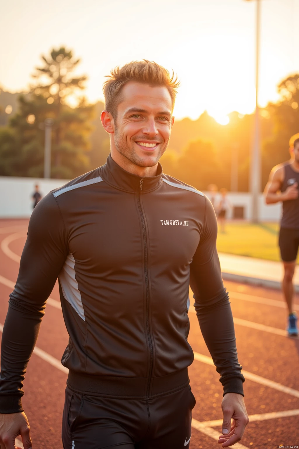 A man in athletic attire smiles on a track at sunset.