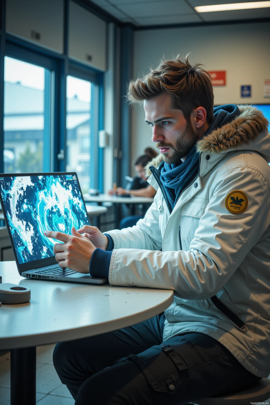A person wearing a winter jacket and scarf is seated at a table, working on a laptop.