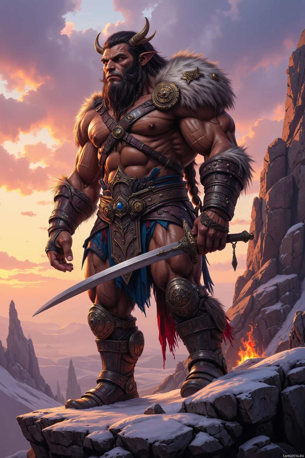 A muscular warrior stands on a rocky cliff, holding a sword, with a dramatic sky and distant mountains in the background.