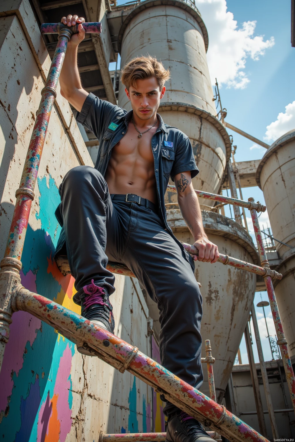 A shirtless man in jeans and boots stands on a rusted metal railing in an industrial setting.
