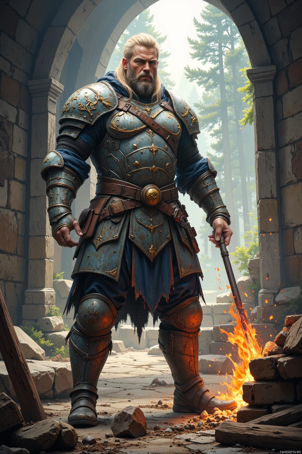 A warrior in ornate armor stands in a stone archway, holding a torch.