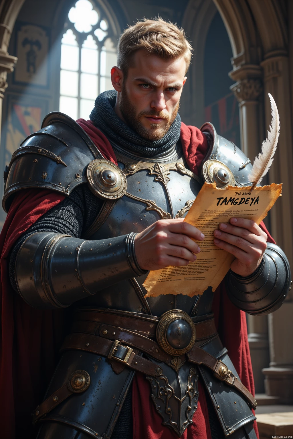 A knight in armor holds a parchment with the text "TAMGDEYA.