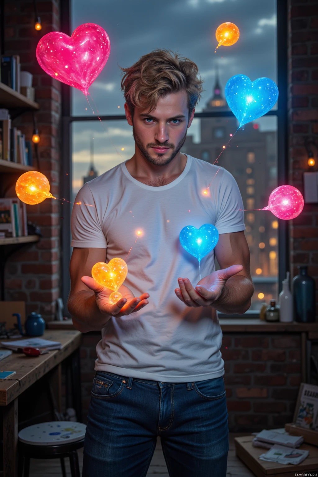 A man in a white t-shirt and jeans stands in a room with glowing heart-shaped balloons floating around him.