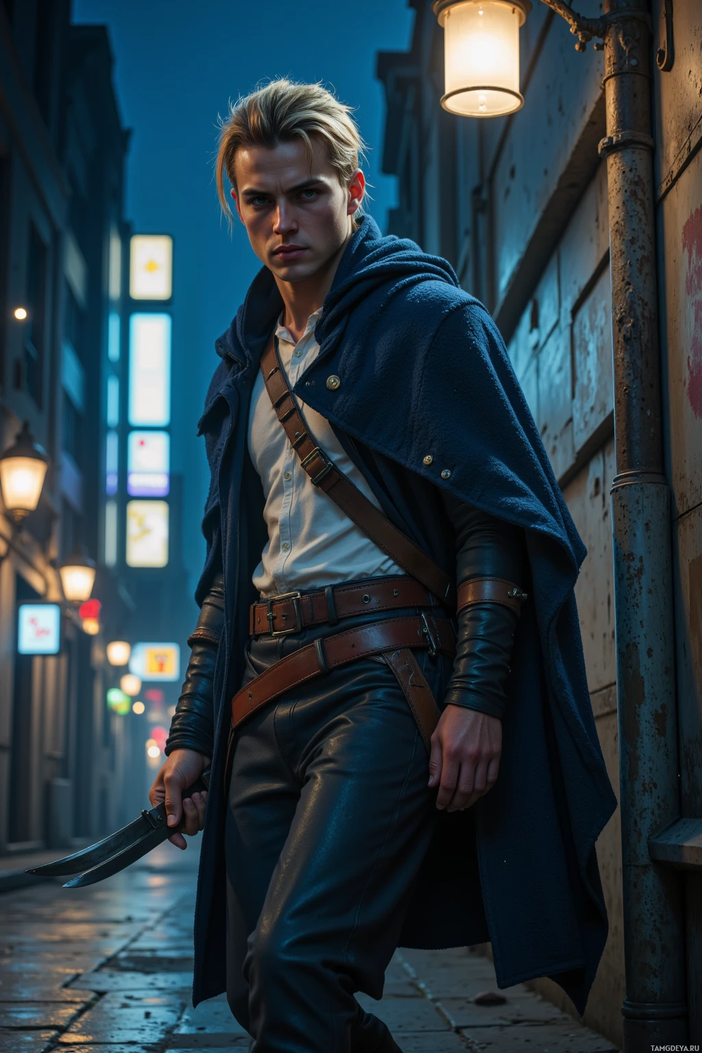A man in a dark coat and leather pants stands in a dimly lit alleyway at night.