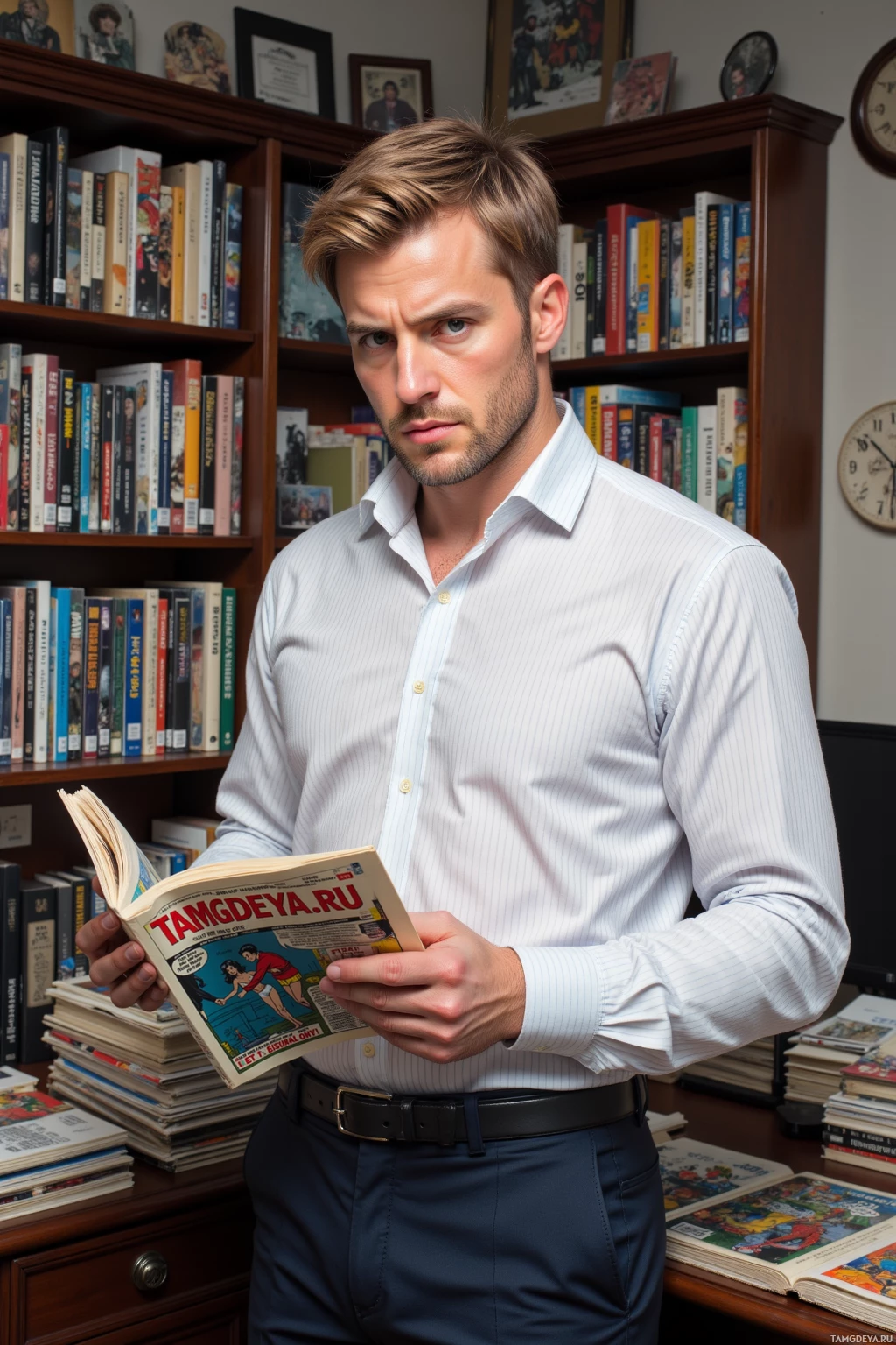 A man in a striped shirt stands in front of a bookshelf, holding an open comic book.