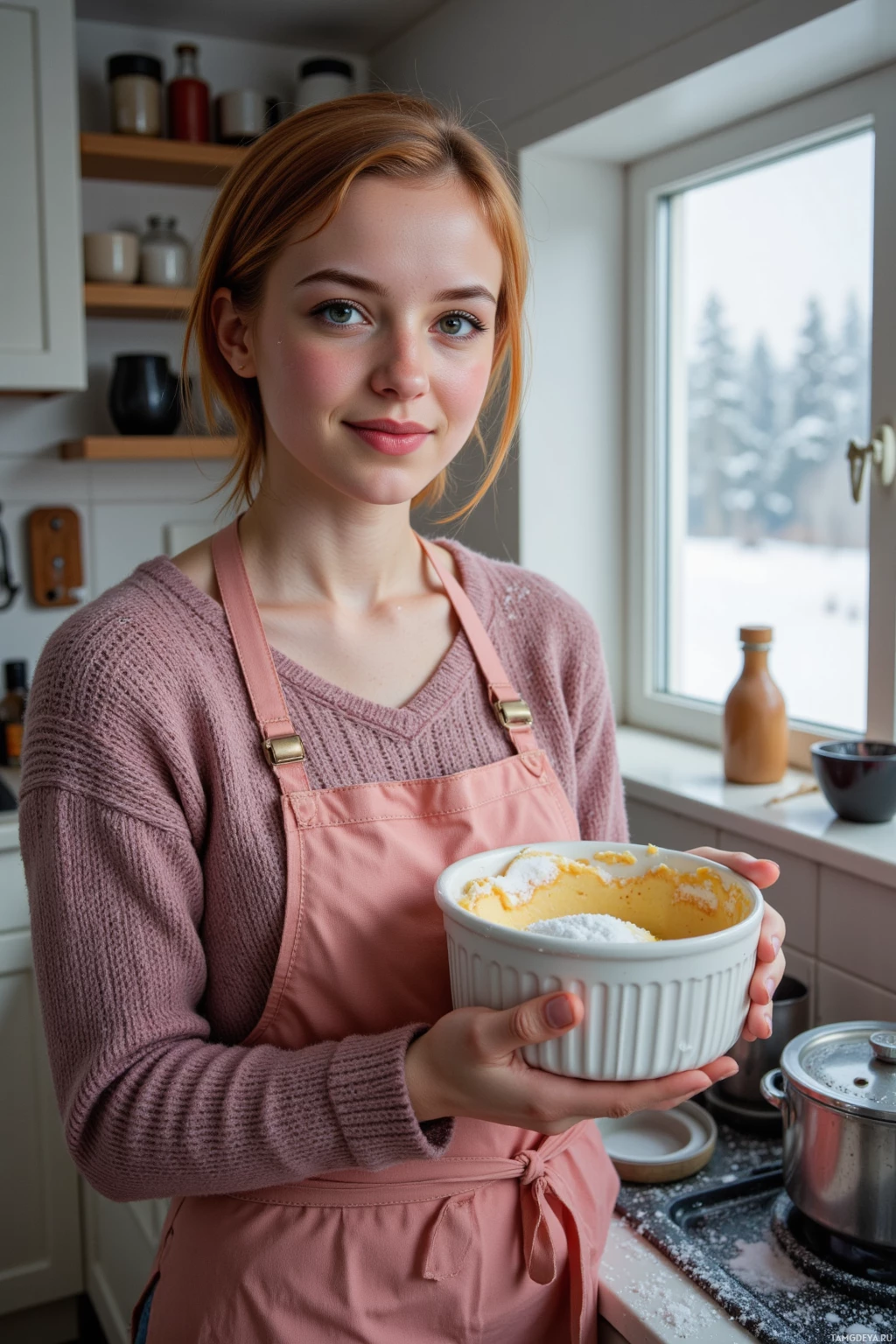 A person wearing an apron holds a bowl of batter in a kitchen.