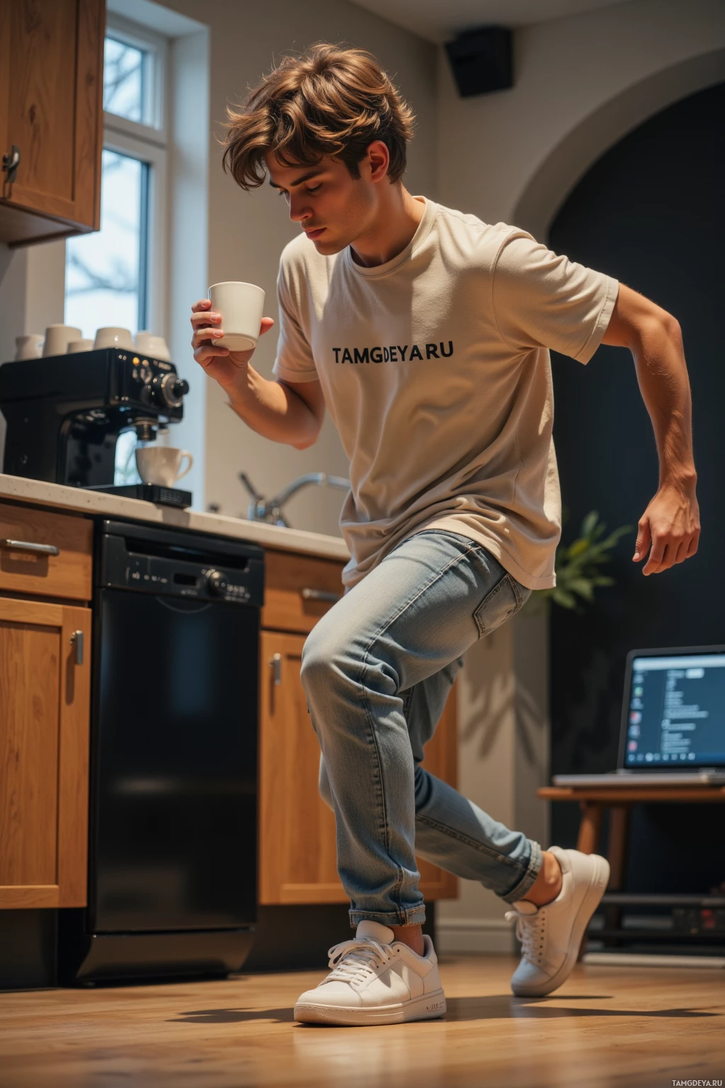 A person in a kitchen holding a cup, wearing a T-shirt with text and jeans.