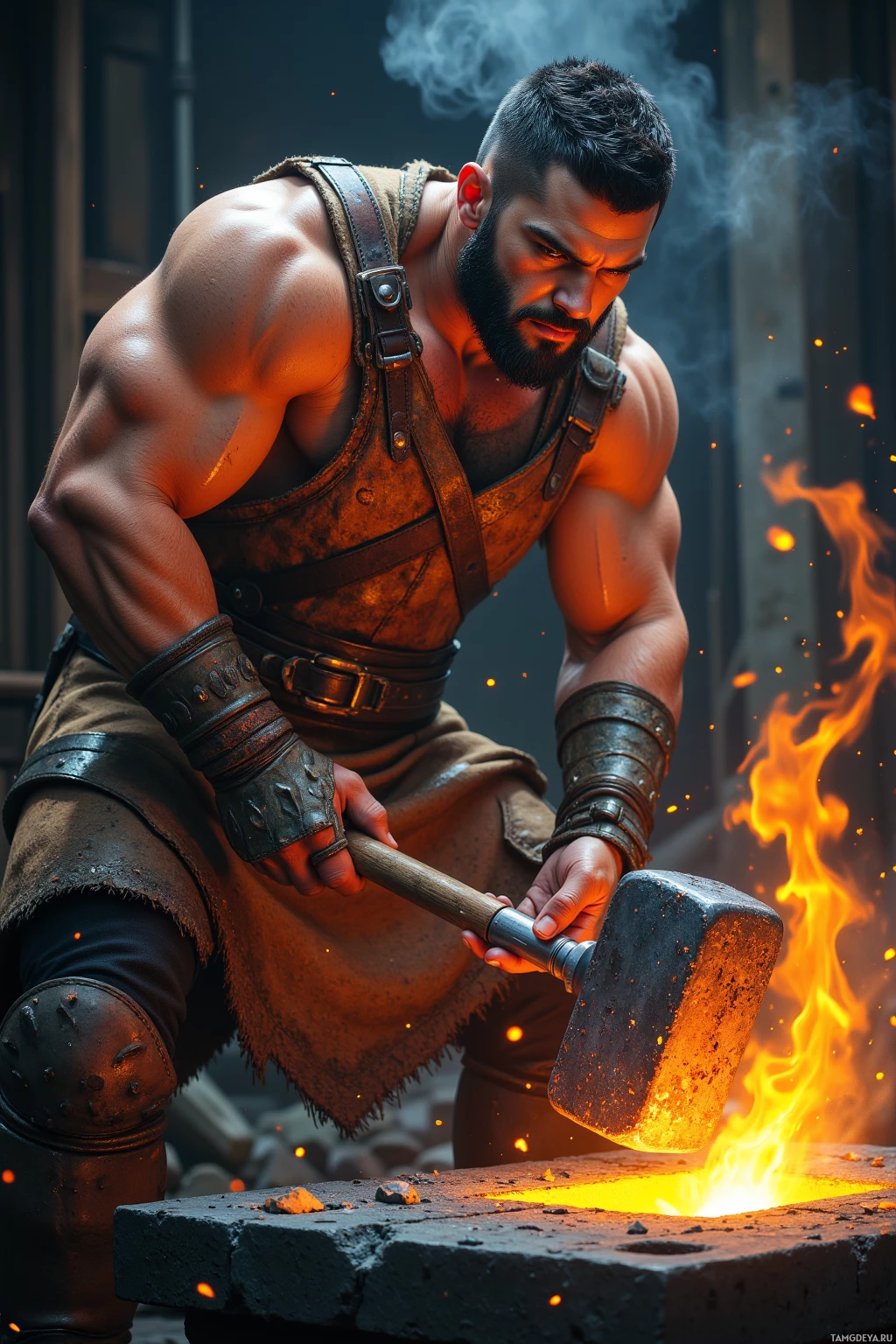 A muscular man in leather armor hammers glowing metal in a forge.