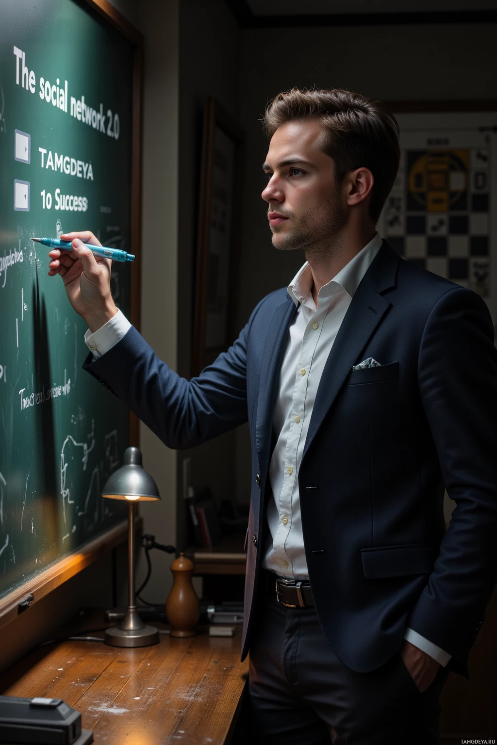 A man in a suit stands by a chalkboard, holding a pen.