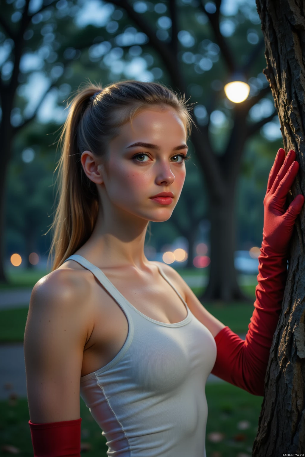 A young woman in a white tank top and red gloves leans against a tree in a park at dusk.