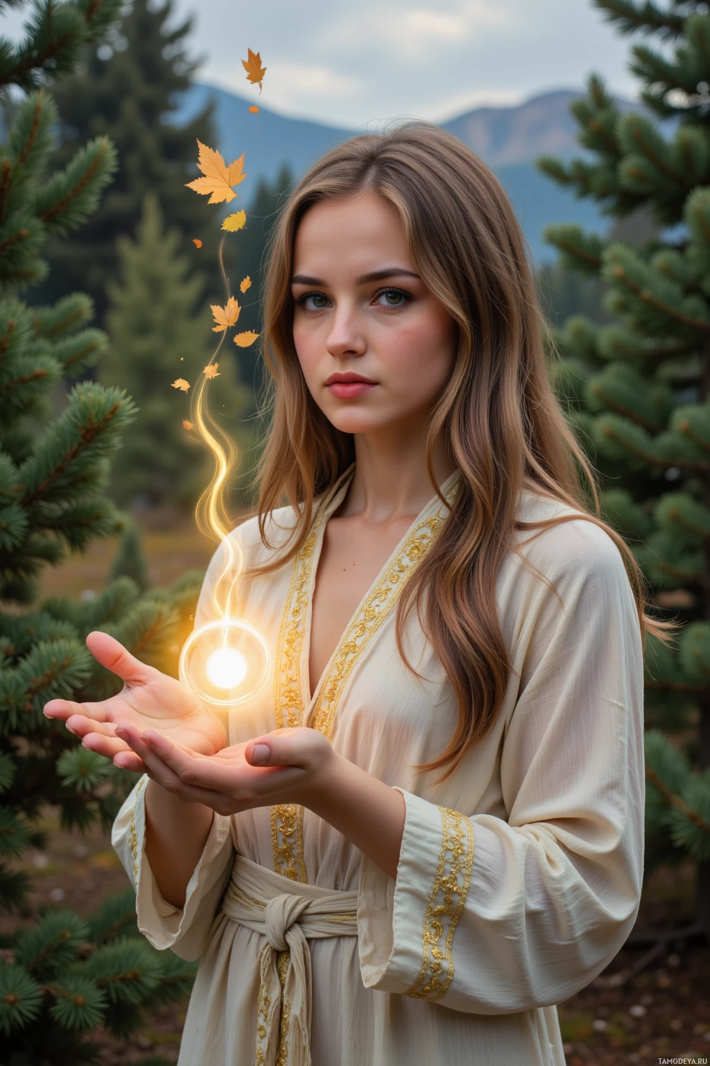 A woman in a flowing robe holds a glowing orb amidst a forest backdrop.