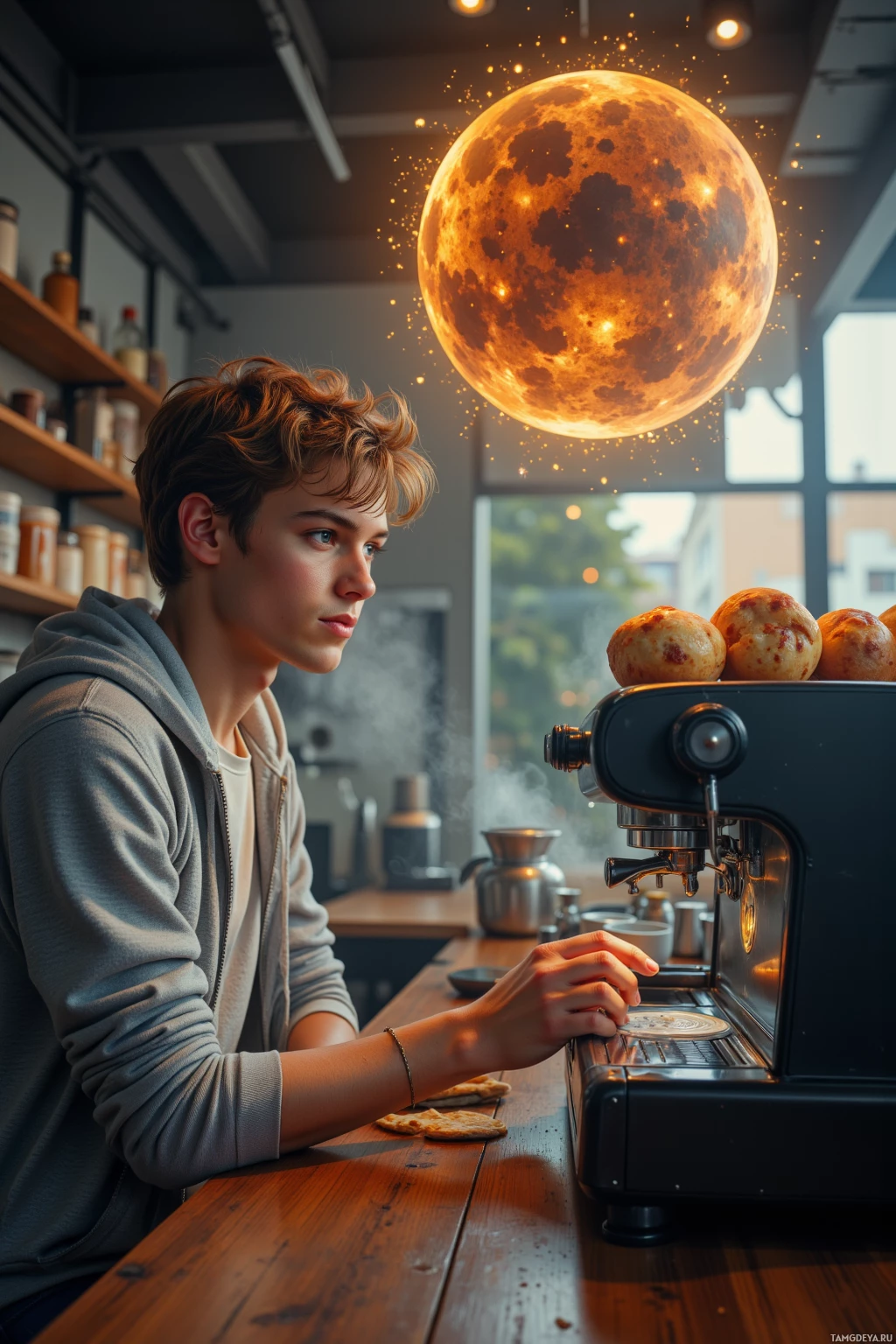 A person in a hoodie operates a coffee machine in a cozy café setting.