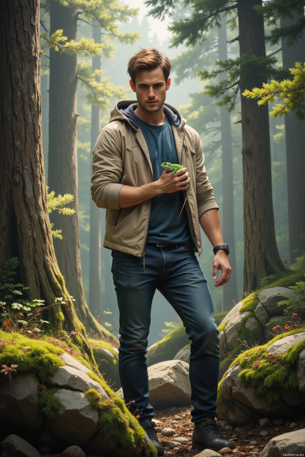 A man stands in a forest, holding a green lizard.