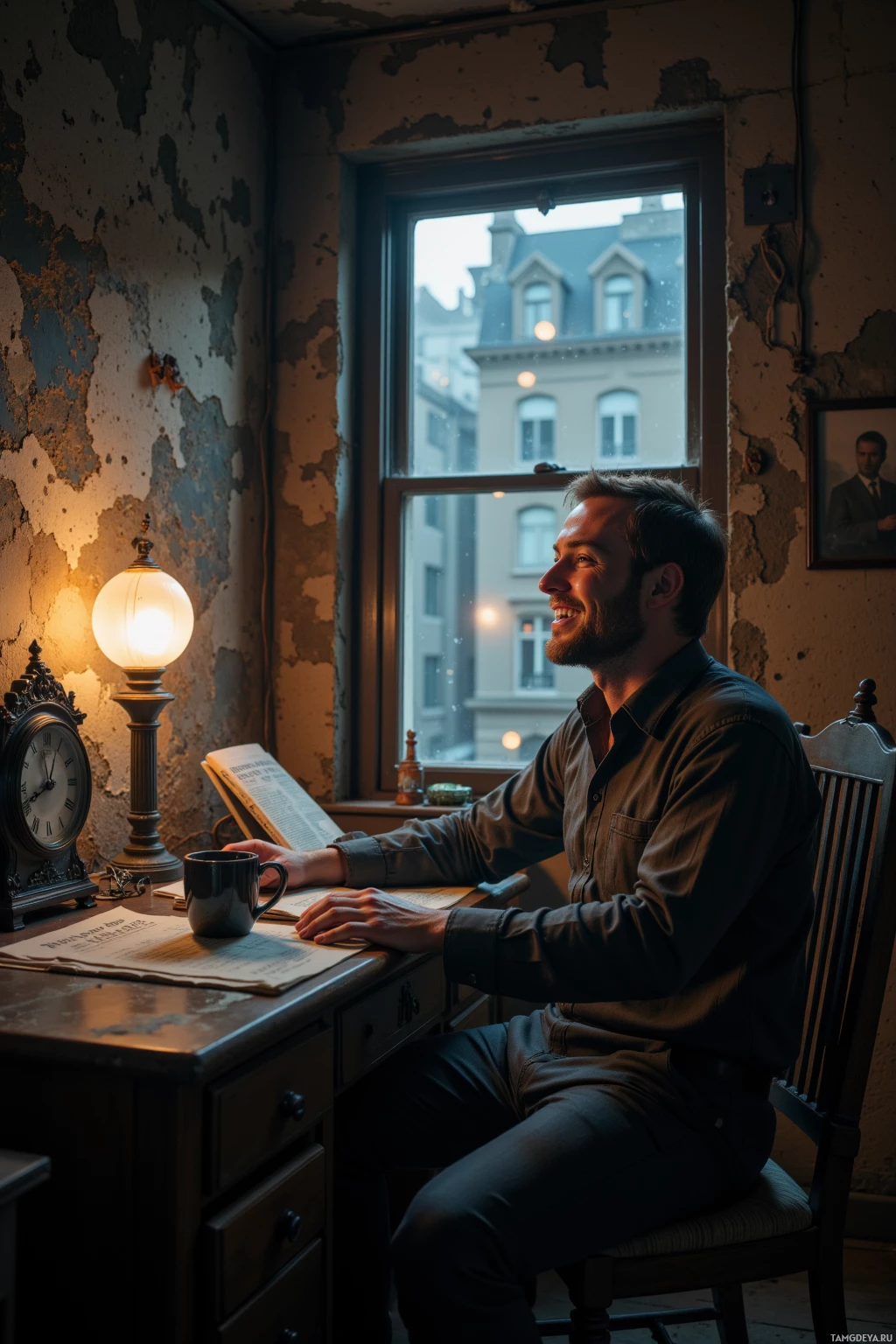A man sits at a desk by a window, reading a book under a lamp.