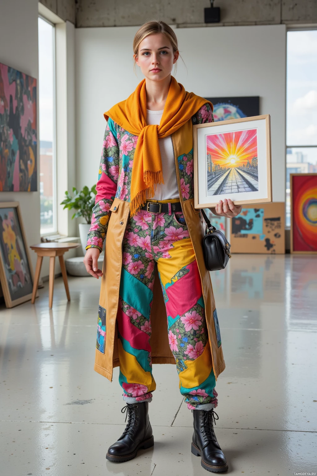 A person stands in an art gallery, holding a framed painting, wearing a colorful patchwork outfit and a yellow scarf.