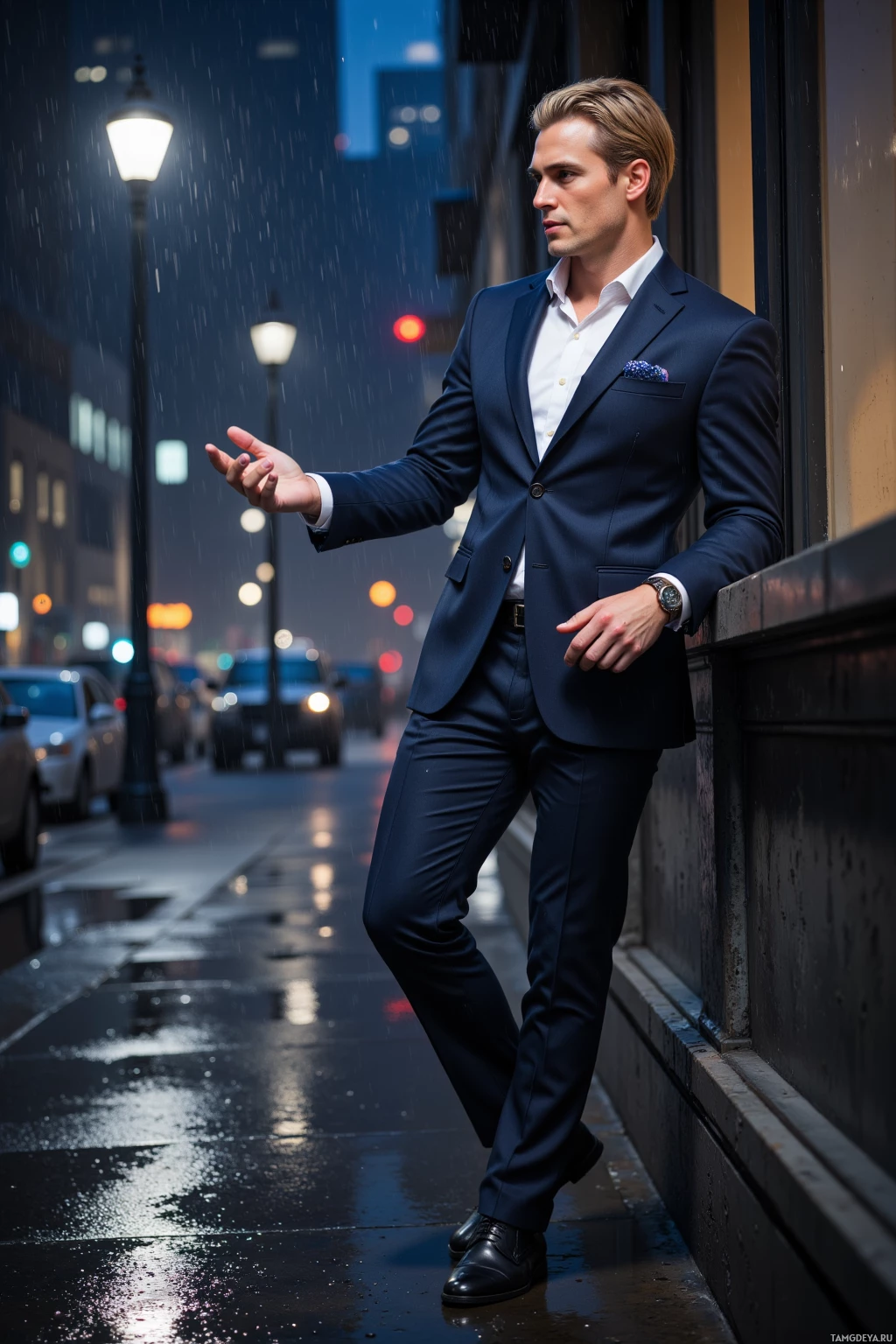 A man in a dark suit stands on a wet street at night, gesturing with his hand.