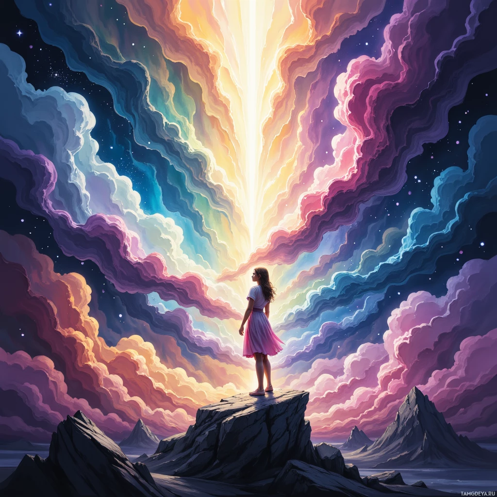 A person stands on a rocky peak, gazing at a vibrant, ethereal sky with swirling clouds and a radiant light source.