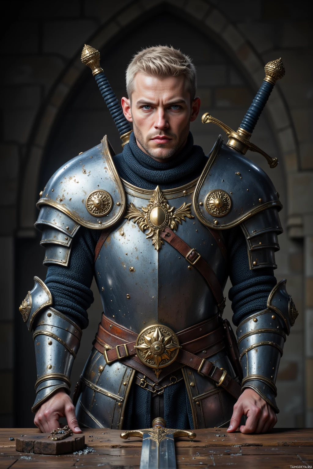 A knight in ornate armor stands with crossed swords, set against a stone archway.
