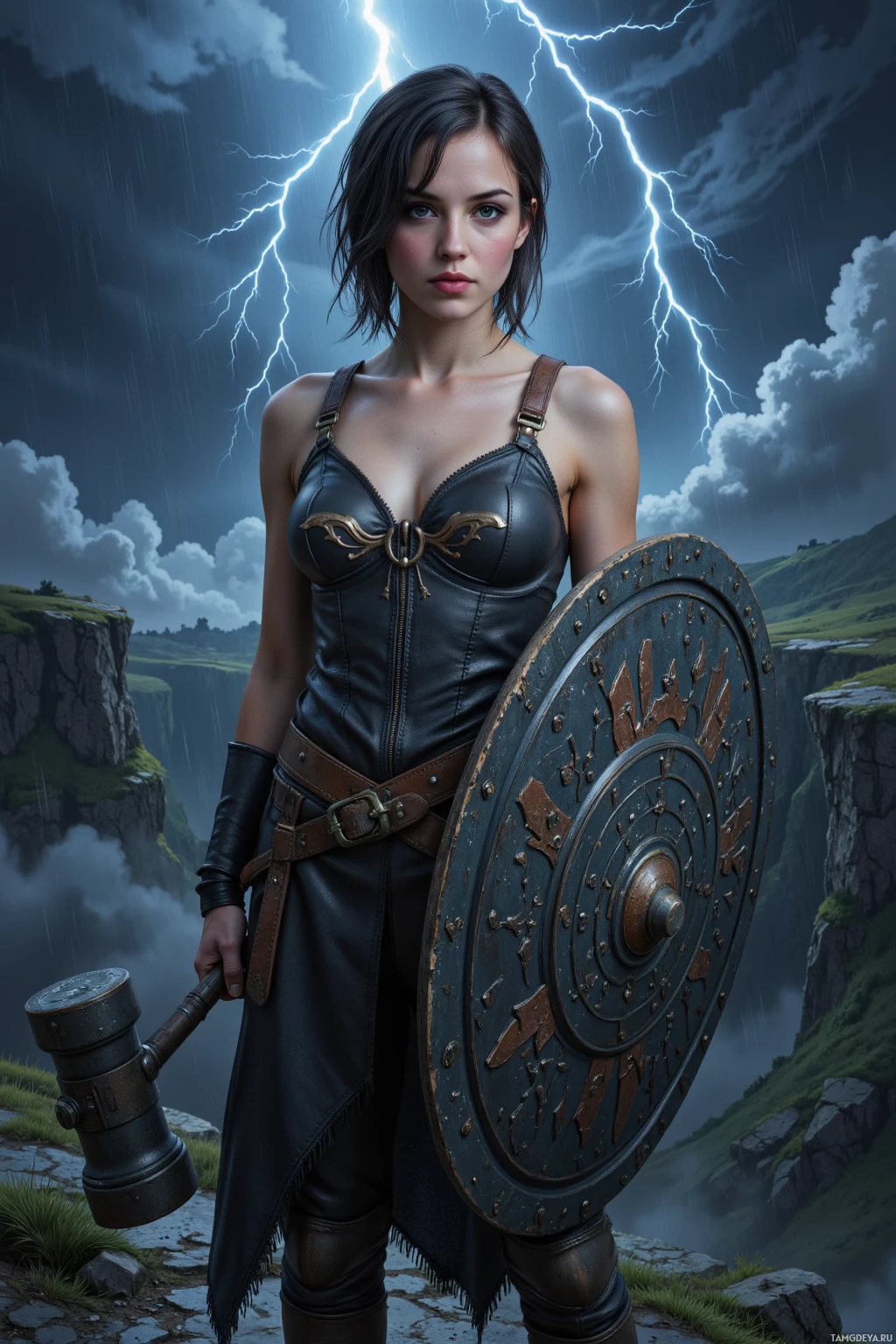 A woman in a leather outfit holds a shield and hammer, standing on a cliff under a stormy sky.