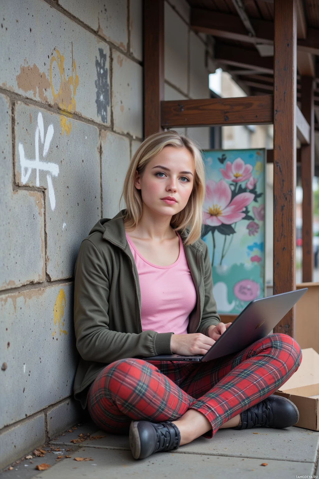 A person sits against a wall with a laptop, wearing a pink top, plaid pants, and a green jacket.