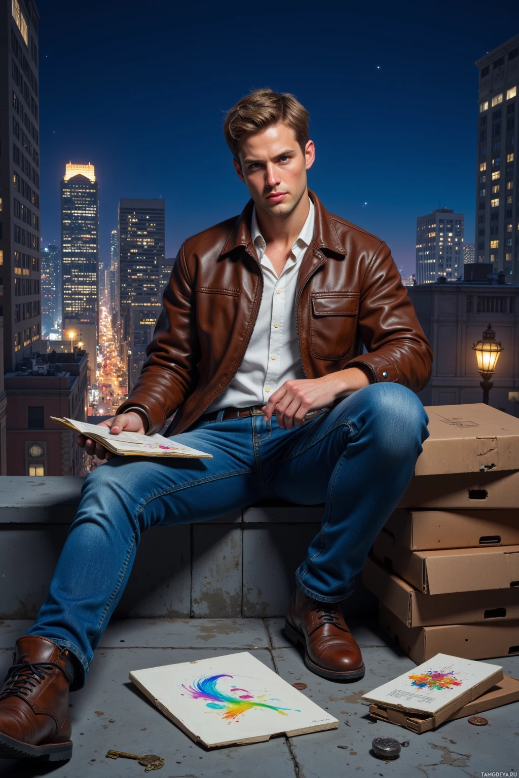 A man in a brown leather jacket and jeans sits on a rooftop, holding a book, with a cityscape at night in the background.