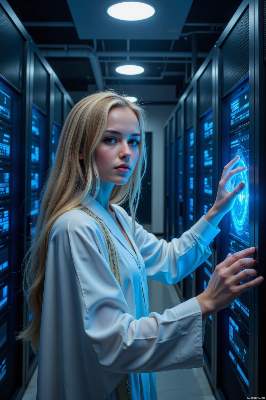 A woman in a lab coat interacts with a high-tech interface in a server room.