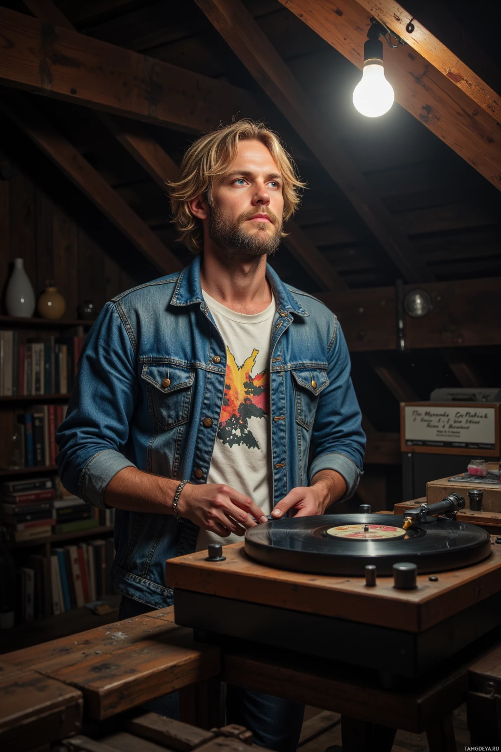 A man in a denim jacket stands in a dimly lit room, holding a vinyl record near a record player.