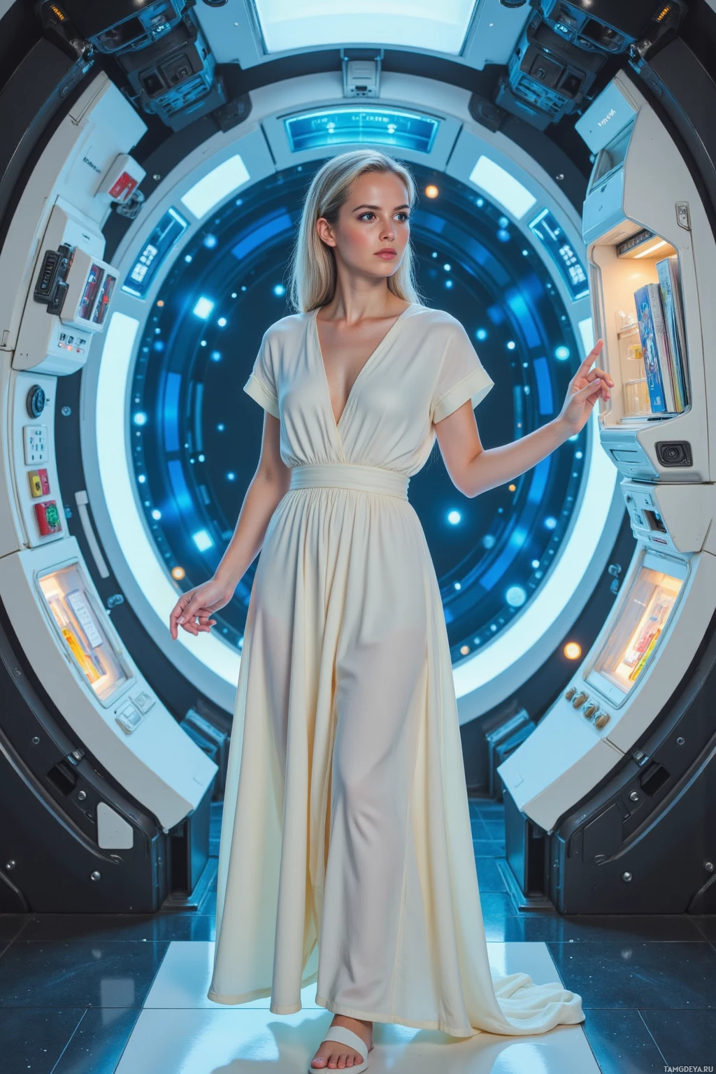 A woman in a white dress stands inside a futuristic, circular spacecraft.