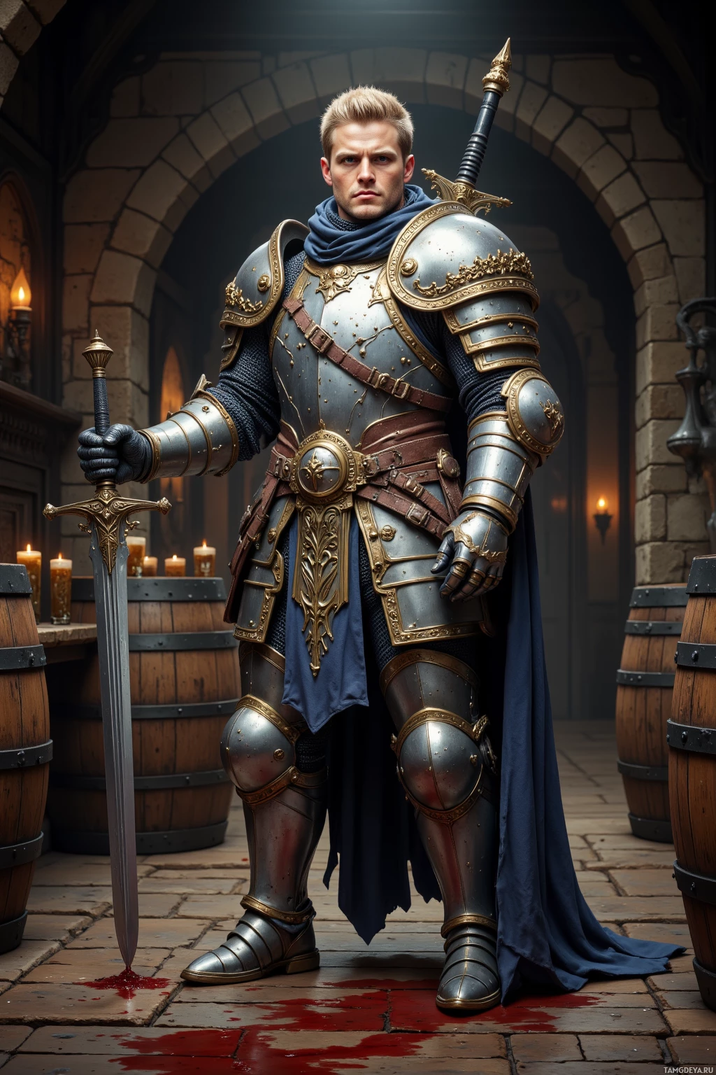 A knight in ornate armor stands in a dimly lit stone chamber, holding a sword.