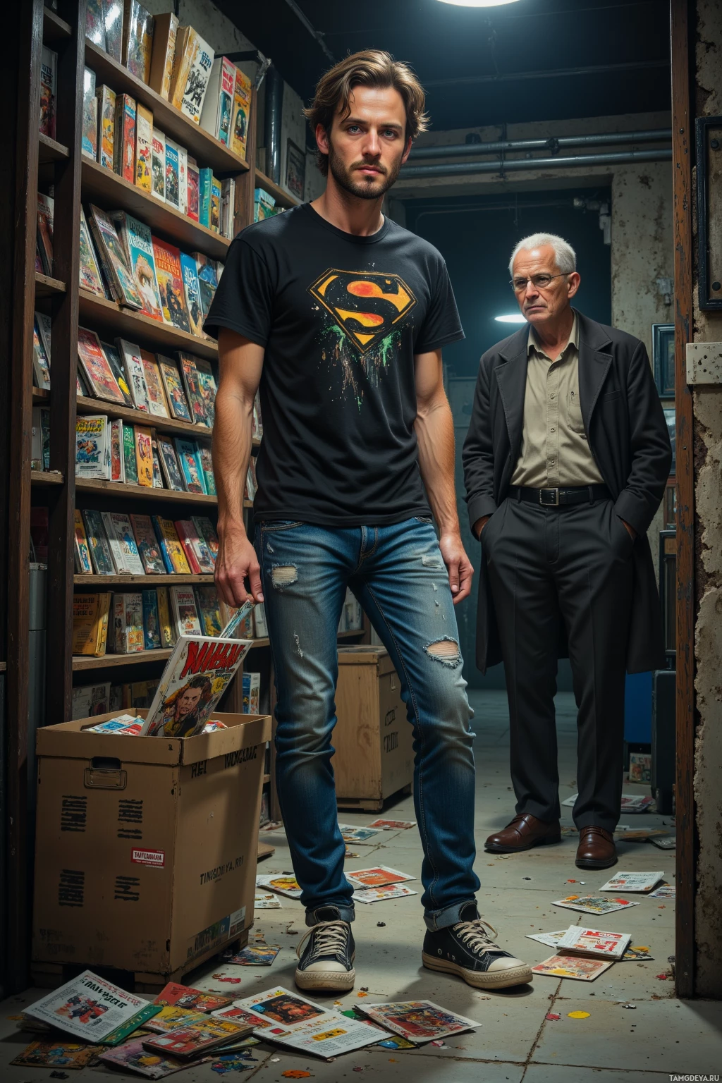 Two individuals stand in a dimly lit room filled with comic books, one wearing a Superman t-shirt.