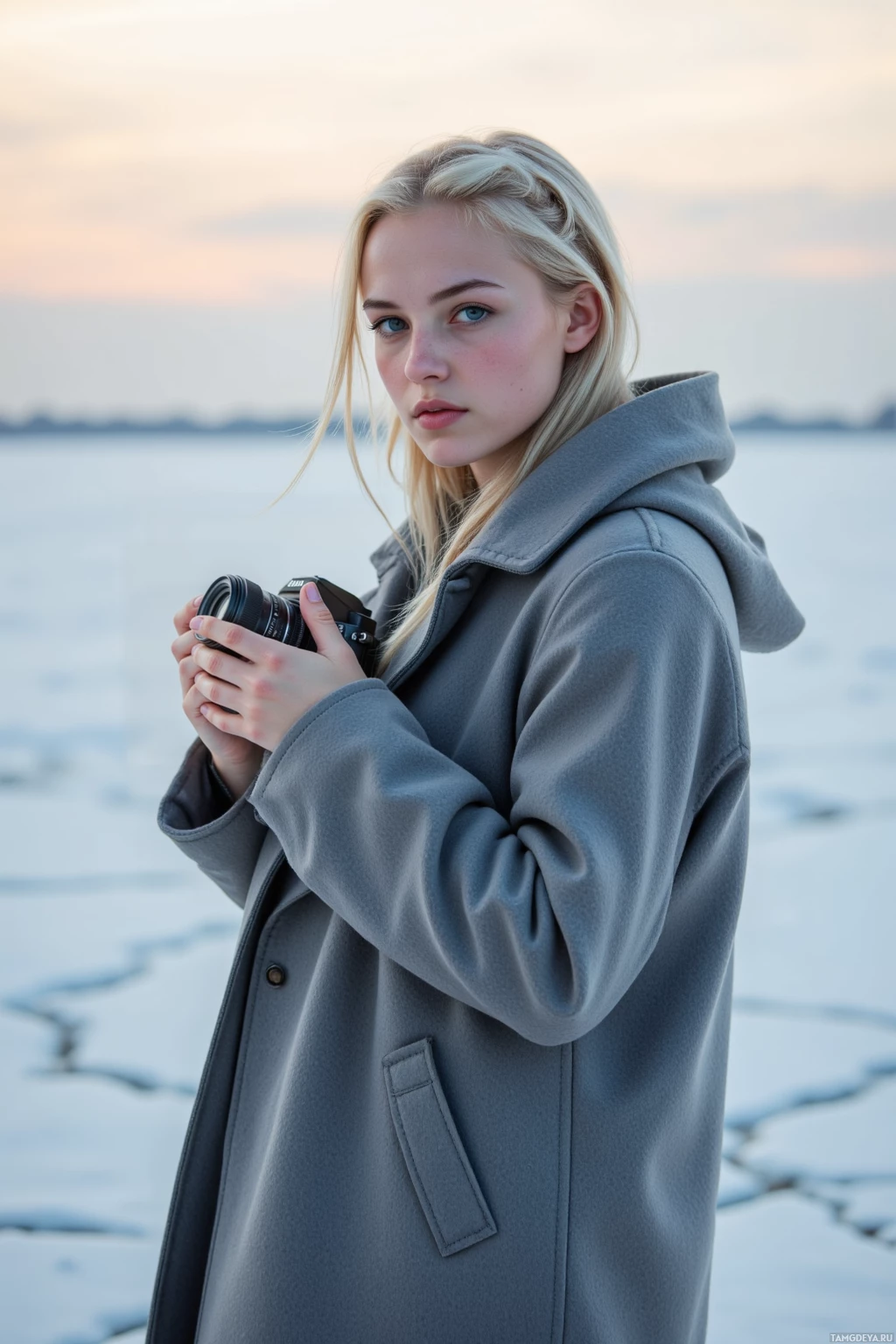 A person in a gray coat holding a camera stands in a snowy landscape.