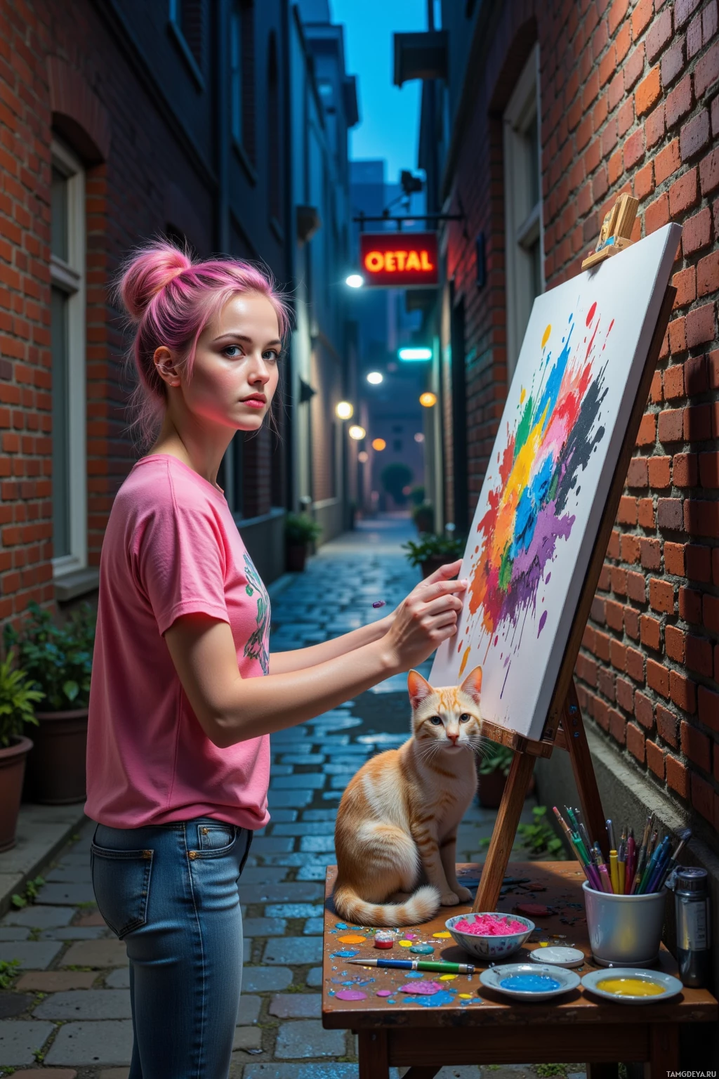 A young woman paints an abstract artwork on an easel in a narrow alleyway, with a cat sitting nearby.