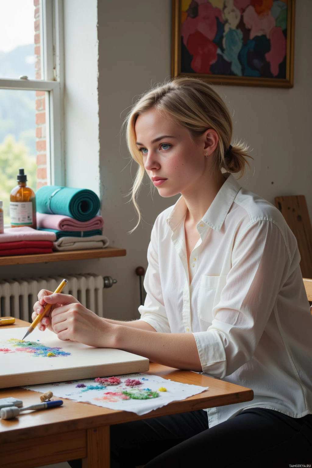 A person in a white shirt is sitting at a desk, holding a pencil and working on a piece of paper.