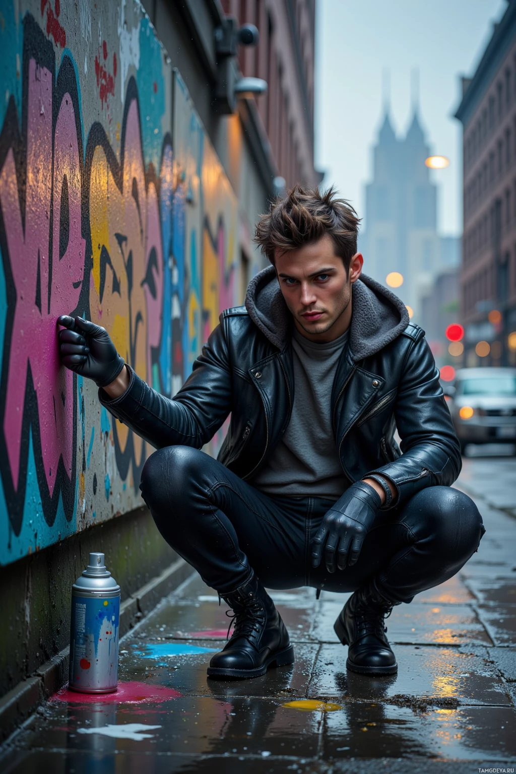 A person in a leather jacket crouches near a graffiti-covered wall on a wet street.