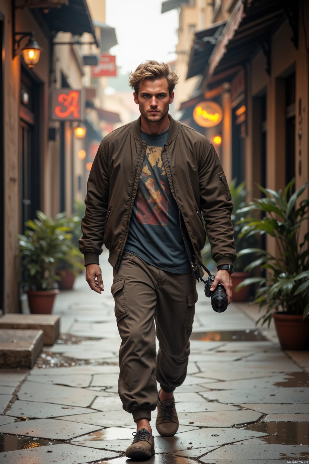 A man walks down a narrow street holding a camera, wearing a brown jacket and cargo pants.