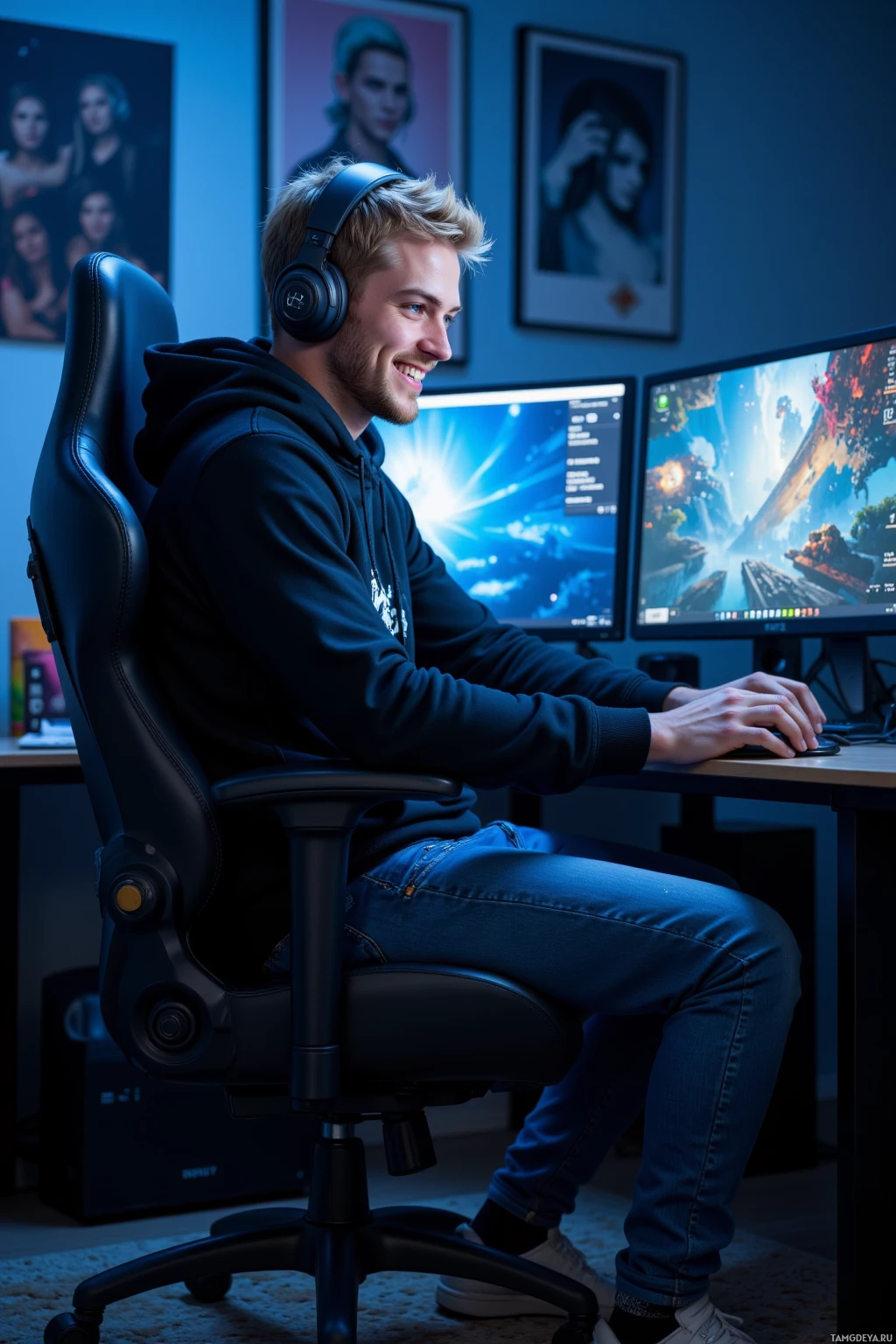 A person wearing headphones sits in a gaming chair, smiling while using a computer.